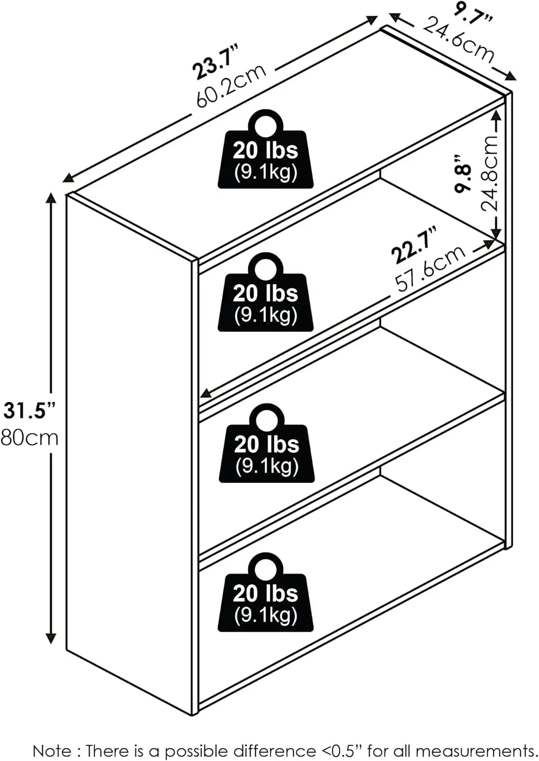 3단 책장, 거실, 침실, 홈 오피스용 수납 선반, 일반 흰색, 9.7 x 23.7 x 31.5 인치
