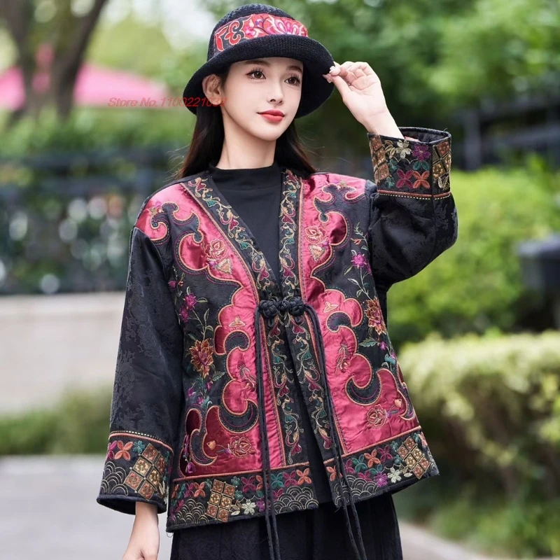 

2025 chinese traditional cotton-padded coat hanfu tops national flower embroidery satin jacquard v-neck folk jacket ethnic coat