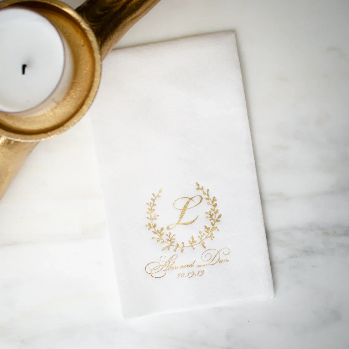 Elegant Wreath Monogram Linen Like Guest Towel Napkins, Personalized Wedding Bathroom Hand Towels, Gold Foil Printed Napkins, Cu