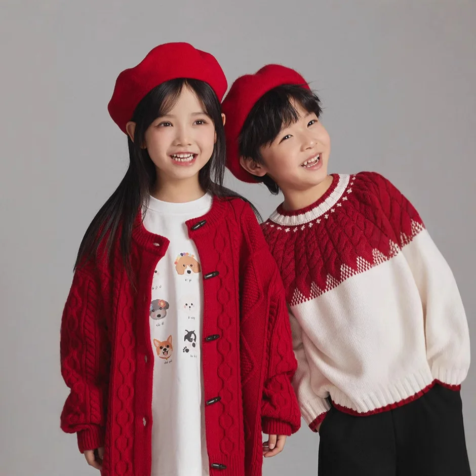 Children Sweater 2025 Autumn Winter New Boys and Girls Knitted Sweaters Versatile New Year Festival Outerwear Round Neck Top