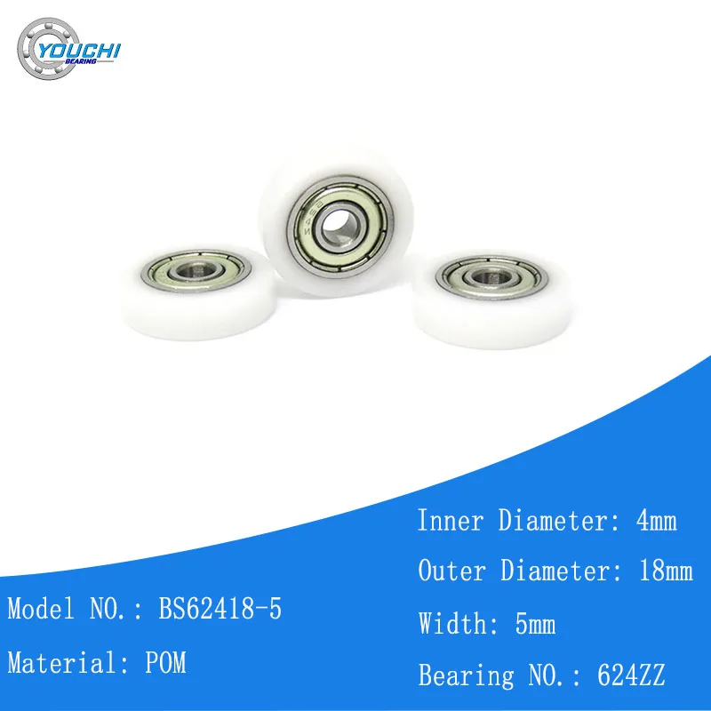 

5pcs POM Coated Bearing Rollers 4x18x5 BS62418-5 Mini POM Guide Wheel 4*18*5 Nylon Plastic Bearing 18mm Track Rail Pulley