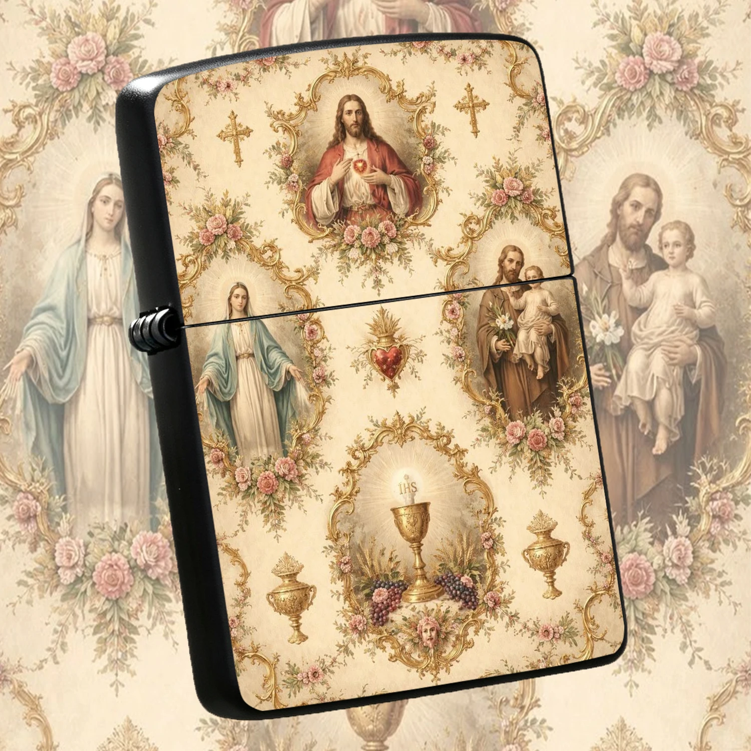 Vintage Religious Themed , Printed Sacred Heart Jesus Virgin Mary Saint Joseph Eucharist Pattern, Durable Sturdy Body, Retro Collectible, PORTABLE Windproof Creative Gift for Religious Believers Daily Use A fun and humorous lighter