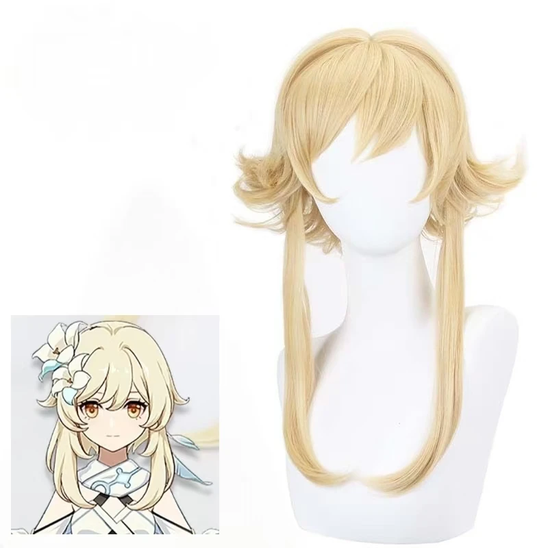 

Аниме Genshin Impact Lumine парик для косплея, короткие золотые термостойкие пряди волос из синтетического волокна с розовой сеткой