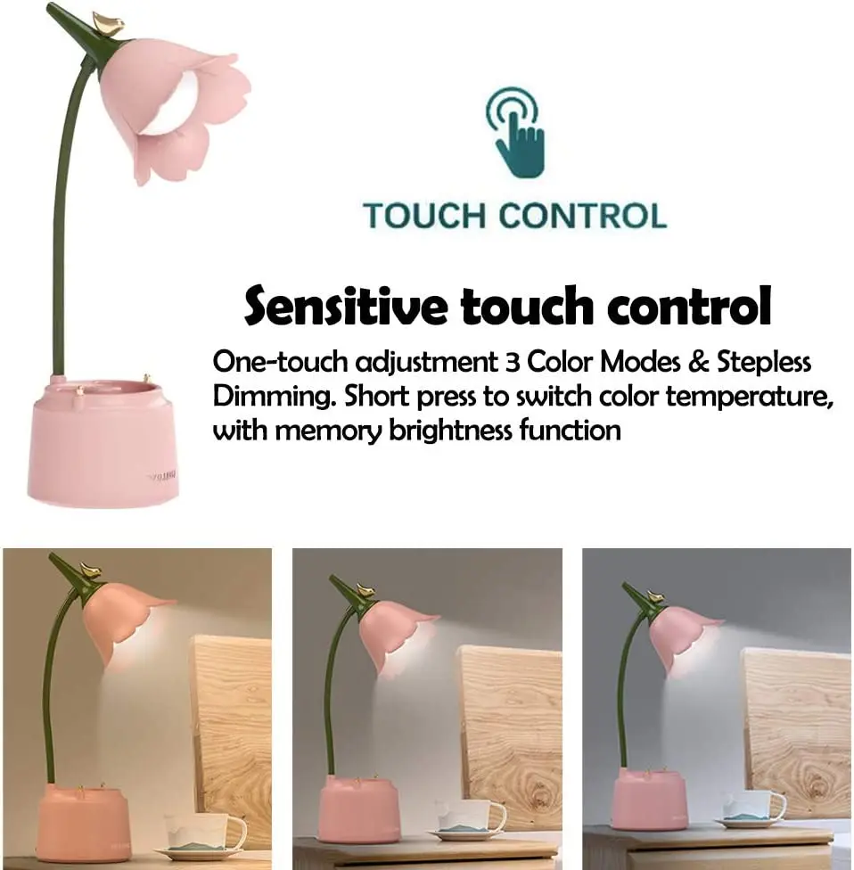 Cute Desk Lamp Rechargeable LED Night Light Table Lamp for Bedroom Flowers Reading Light with Pen Holder 3 Color Modes & Dimming