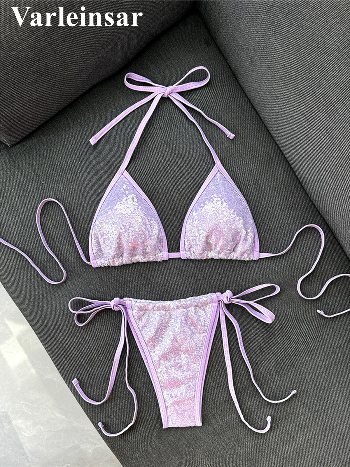 Sequins Halter Bikini Female Swimsuit Women Swimwear Two-Pieces Bikini Set High Cut Leg Padded Bather Bathing Suit Swim V8302