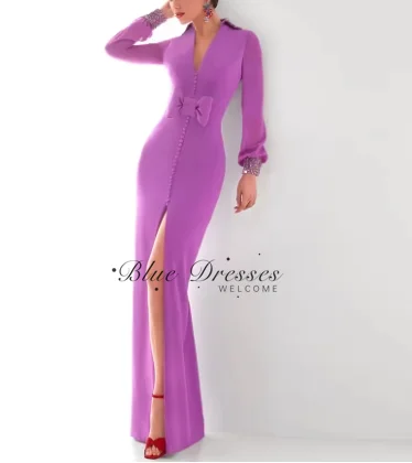 Customized Of The Bride Dress New Arrival Long Sleeves V Neck Front Buttons Bowknot Split Wedding Guest Gown Evening Dresses