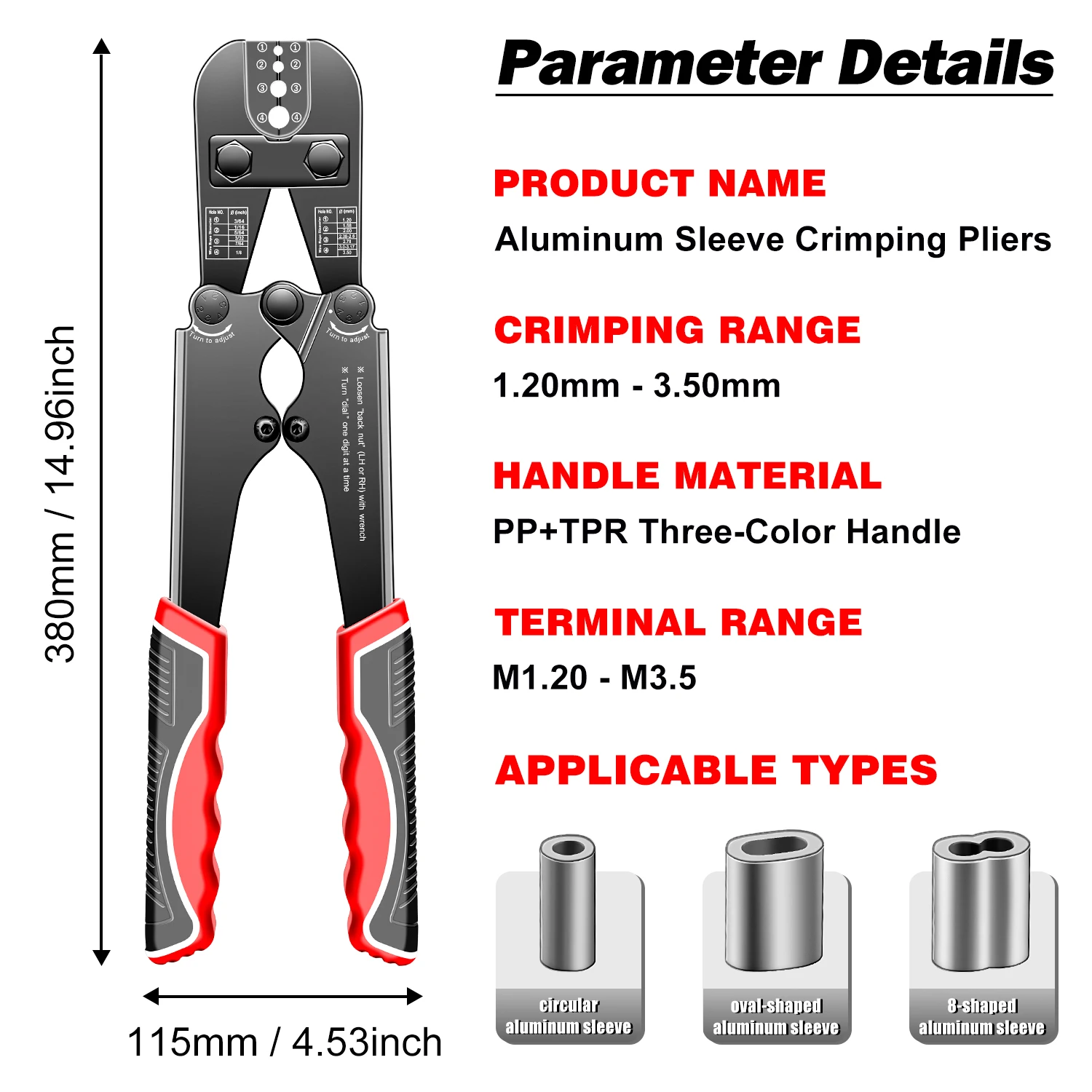 SJ-1235C Wire Rope Crimping Swaging Tool Aluminum Oval 8 Shape Sleeve Ferrule 3/64-1/8 in Adjustable Pressure Crimping Pliers