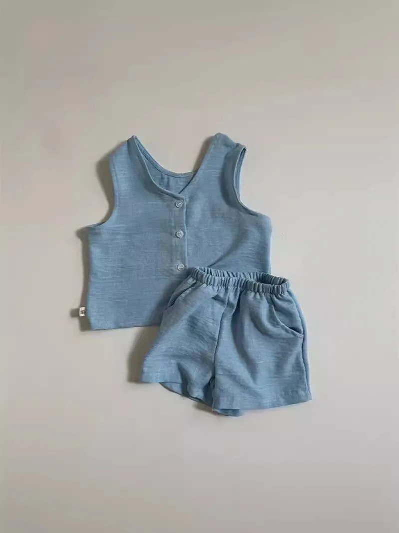 2024 Summer New Baby Sleeveless Vest Set Infant Boy Girl Solid Cardigan + Shorts 2pcs Suit Toddler Cotton Versatile Outfits