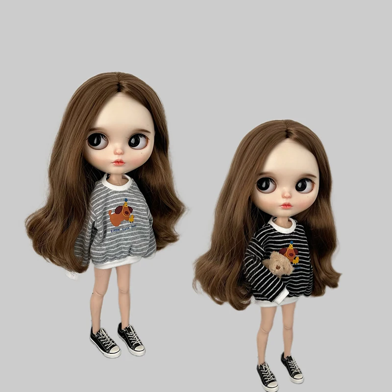 DLBell Blyth Puppenkleidung, gestreiftes Sweatshirt, süßer Hundedruck, lässige Oberteile, sportliches Outfit für Blyth OB24 Azone Pullip 1/6 Puppen