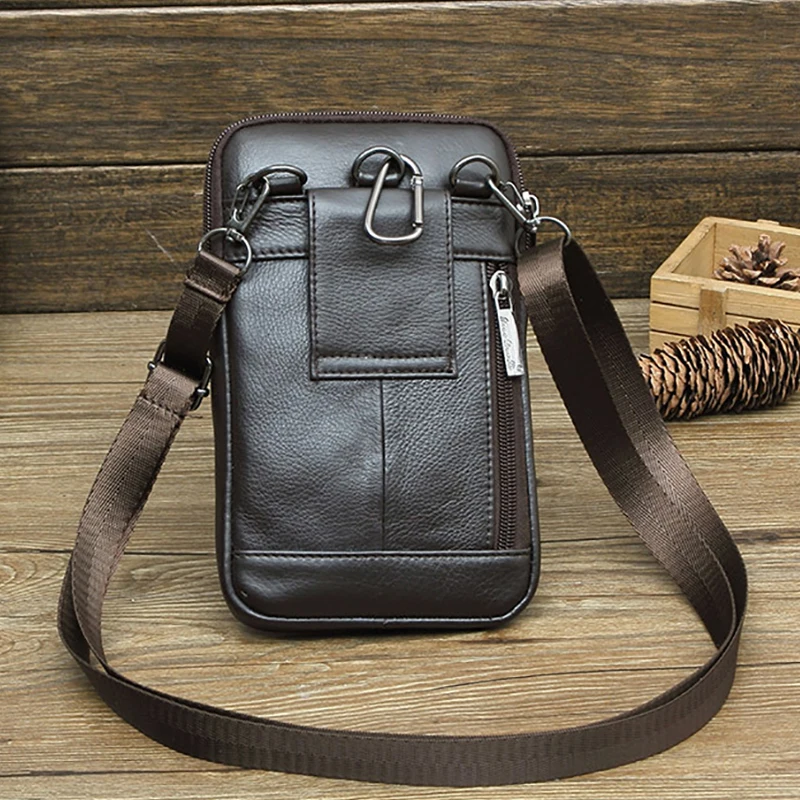 Mężczyźni Mini Crossbody Shoulder Fanny Waist Pack Genuine Leather Cell Mobile Phone Case Male Messenger Hook Belt Bag Purse — zdjęcie 5