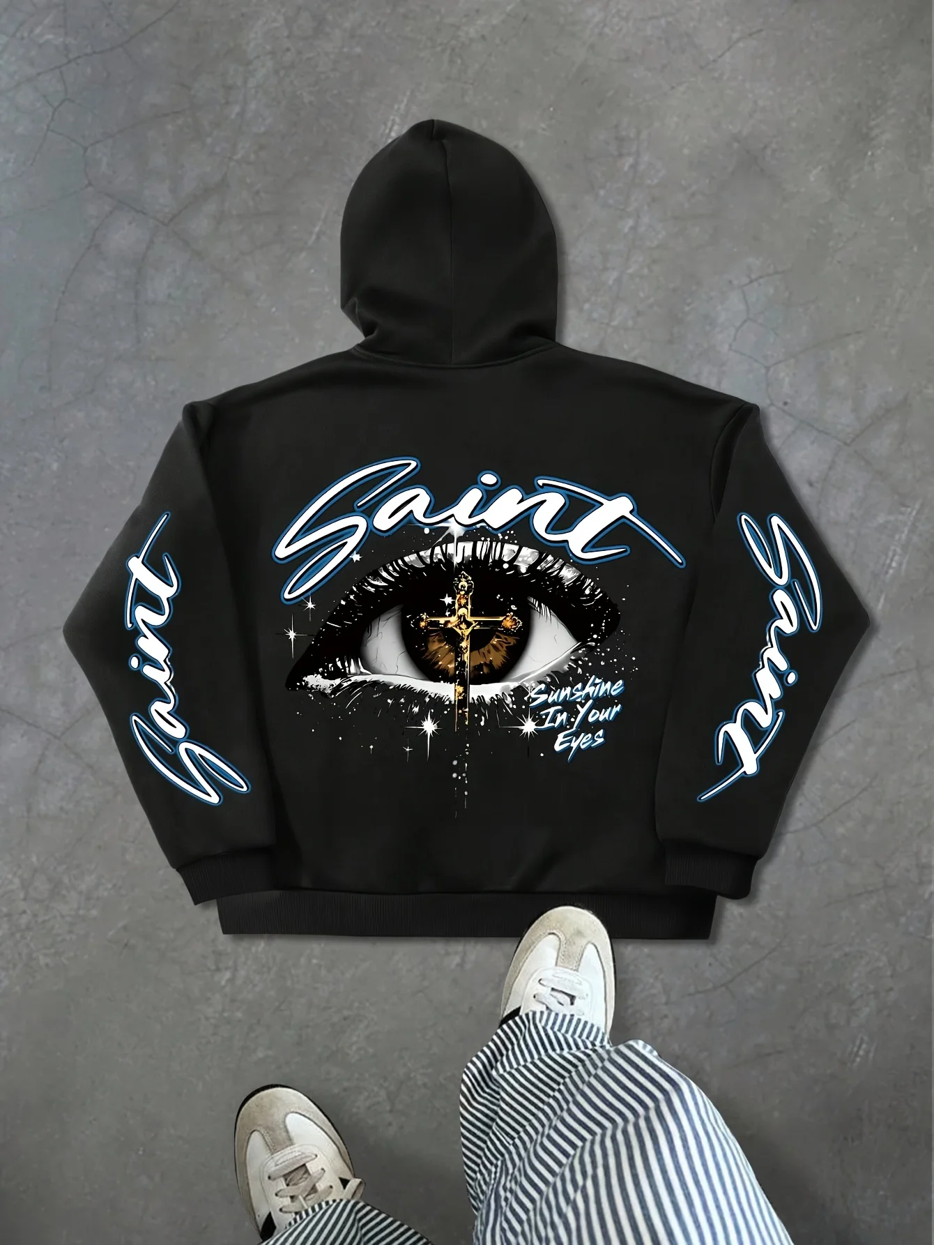 フード付きスウェットシャツジャケット、英語の文字プリントと目元に十字架、男性と女性のためのミニマリストフード付きスウェットシャツ