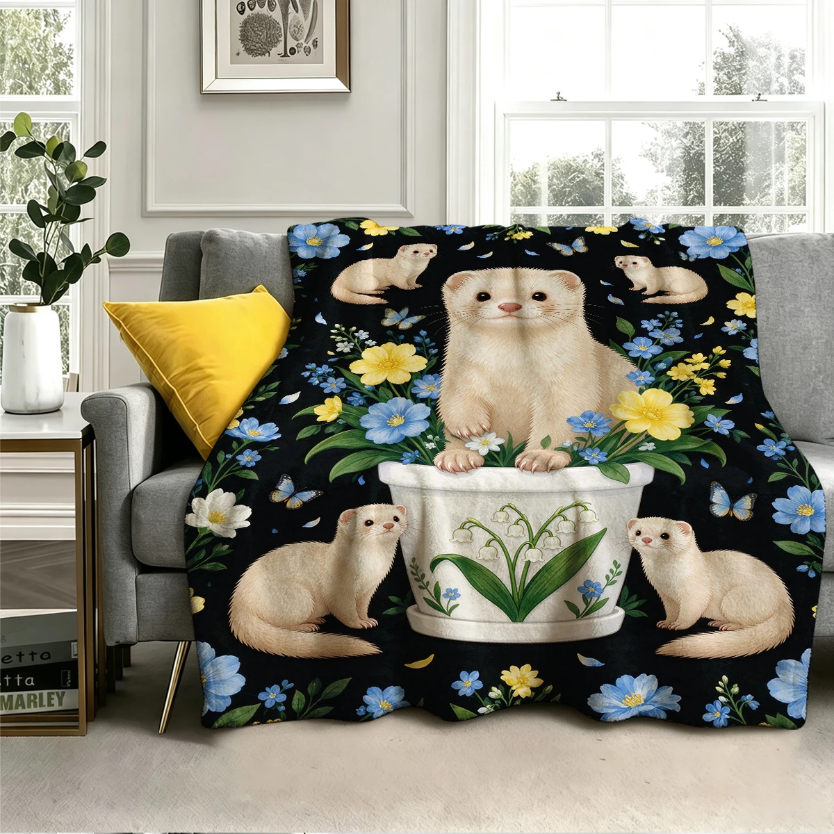 Ferret Lily Pot Flock Flannel Blanket Warm Soft Halloween Christmas Decorative Couch Warm Cozy All-Season Gift