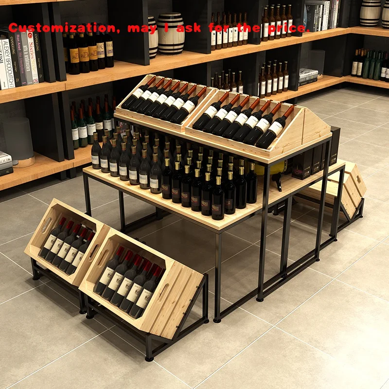 

На заказ. Коммерческая стойка для красного вина из цельного дерева. Винный шкаф в индустриальном стиле. Витрина винодель и супермаркет. Остров дисплея ликера.