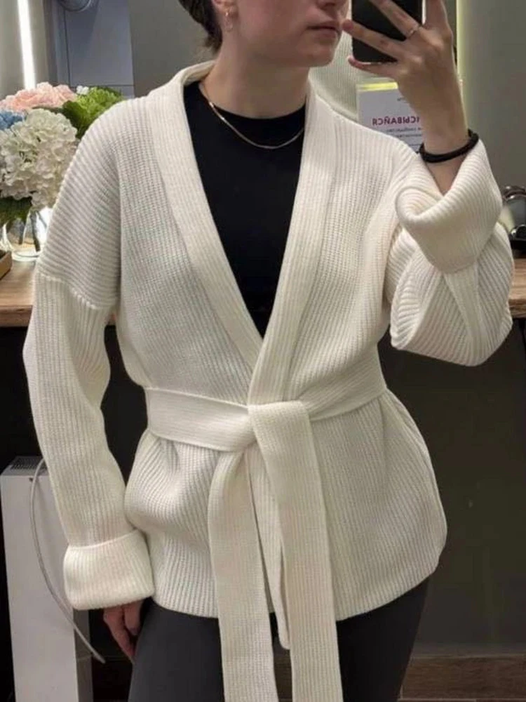 

Trendix Bandage Knit Cardigan Women 2025 Winter Casual Slim Basic Long Sleeve Knitted Coat Femme Office Commuting Knit Jacket