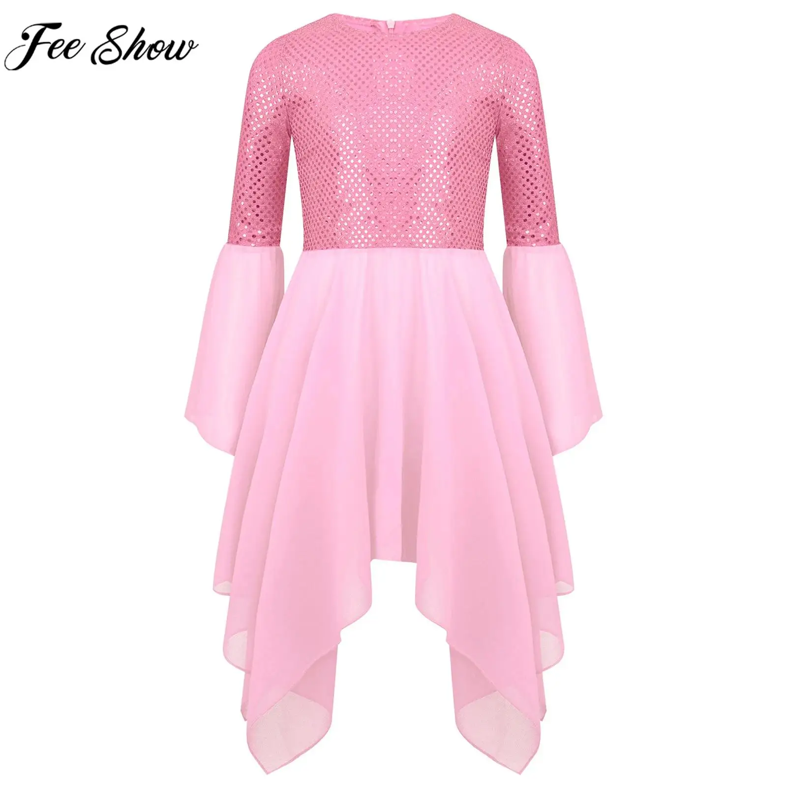 Kids Girls Liturgical Dance Tunic Modern Lyrical Dancing Dress Church Choir Worship Praise Robe Flared Sleeve Shiny Sequins Gown