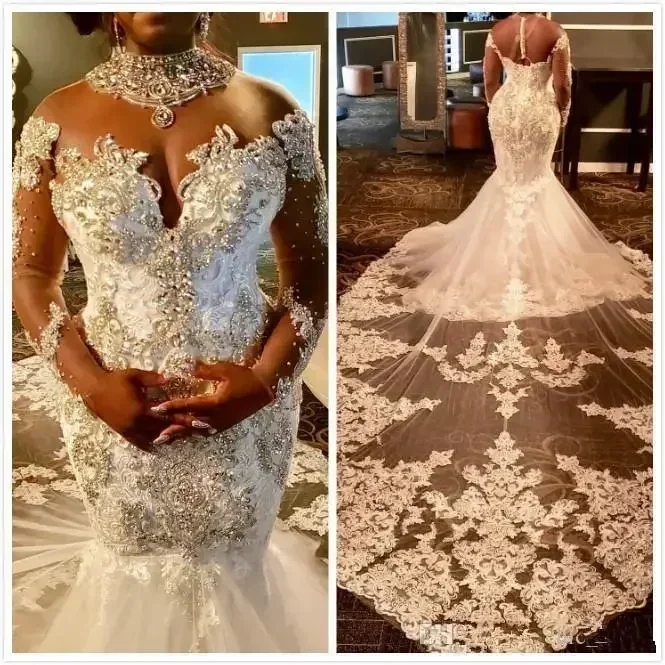 Customized Luxurious African Black Girls Plus Size Sexy Mermaid Wedding Dresses Lace Beaded Crystals Bridal Gowns Vestido