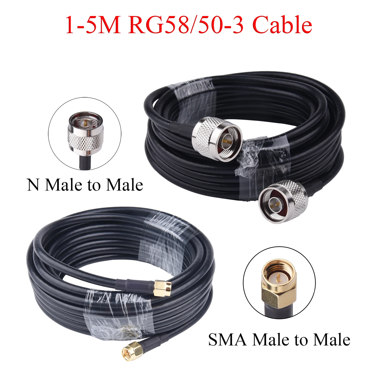 1-5M RG58/50-3 RF Coaxial Cable SMA/N Male to Male Wire Extension For Cellular Amplifier Signal Booster Antenna