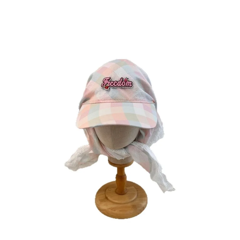 

Creative Korean Style Plaid Baseball Cap Cotton Embroidery Strappy Bandana Hat Peaked Cap Hair Band Letter Headscarf Hat Girl