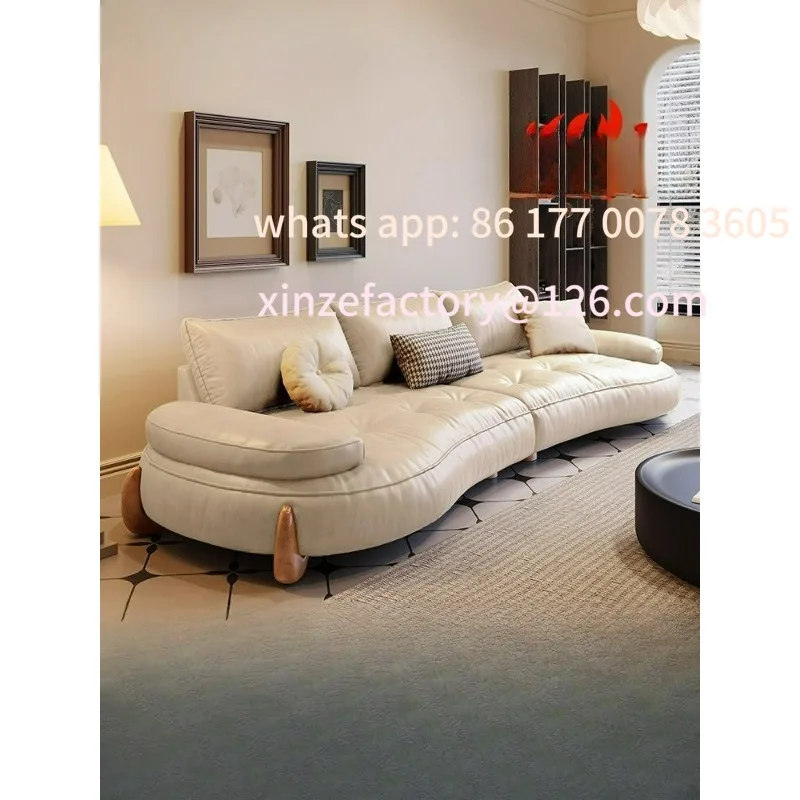 

Customizable retro cream style leather sofa living room Italian light luxury straight row small apartment creative curved sofa