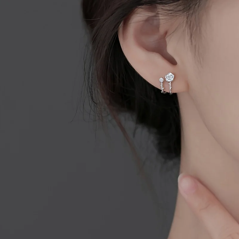 925 sterling silver needle camellia zircon earrings women's earrings light luxury niche design earrings