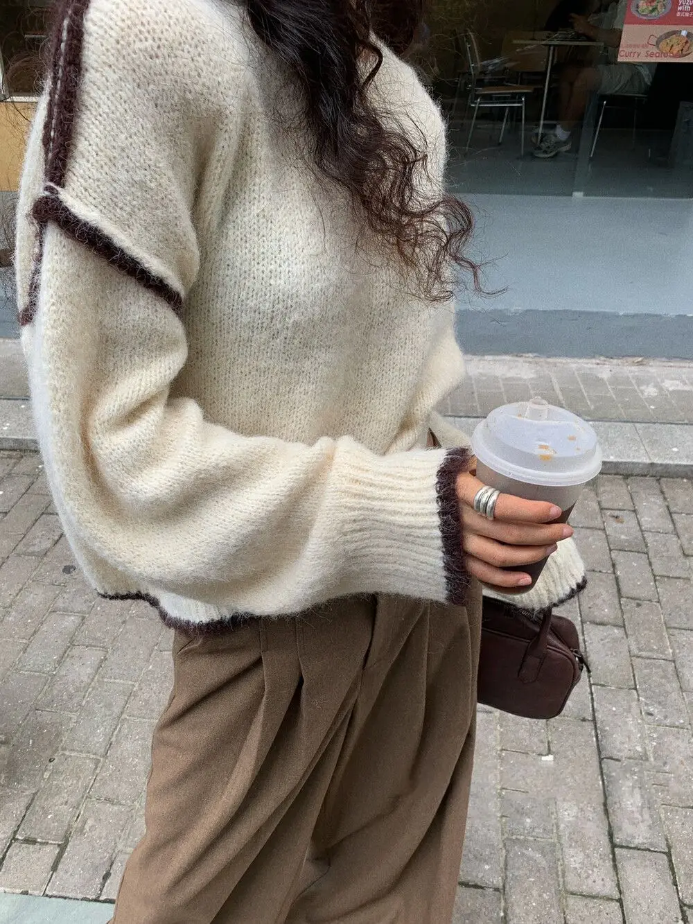 2024 New Korean Loose Gentle Casual Sweater for Women Autumn and Winter Unique Irregular Color Collision Versatile Knitted Top