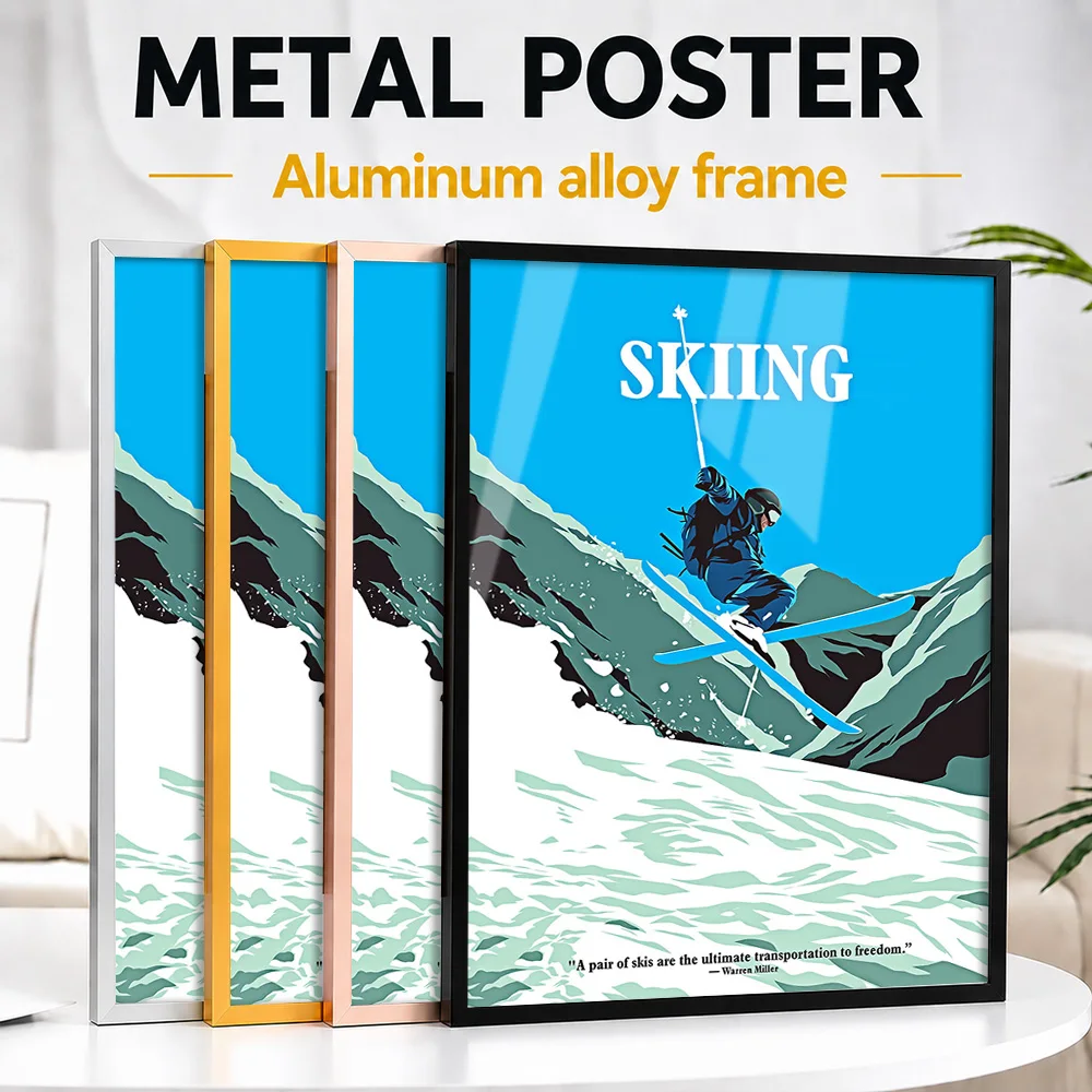 Skiing Alpine Illustration Framed Metal Poster Customized Graphic Design Wall Art For Mountain Cabin Living Room, Skier Gift