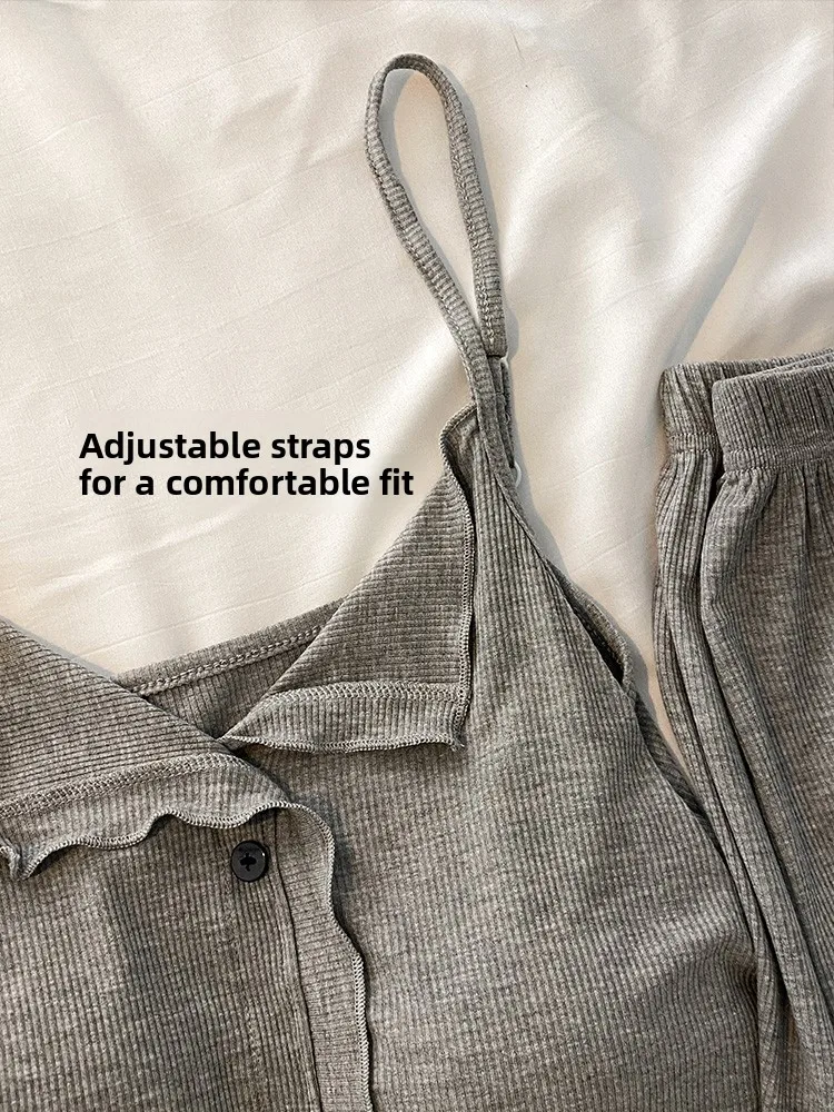 

Mod Cotton Spwear Set for Women Summer New Sle Home Clothes Tee-Piece Set Sexy Pure Color V-Ne Long Sve Pants