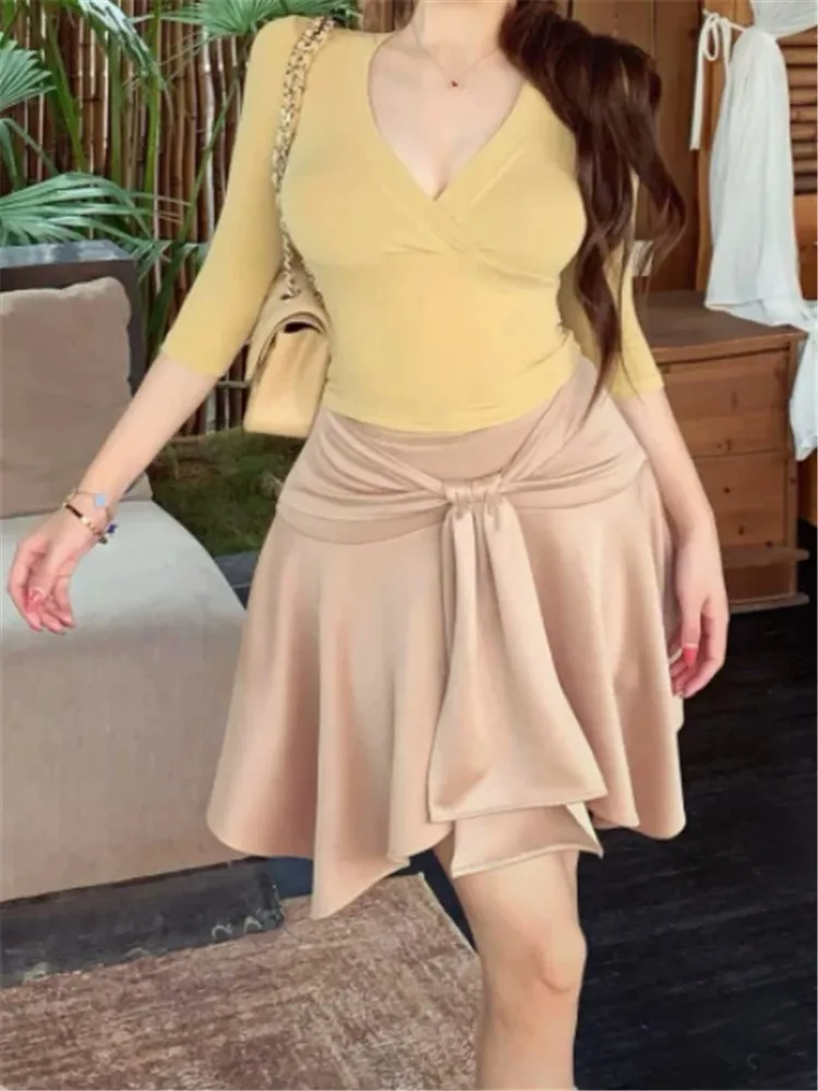Elegant Women Summer 2 Pieces Sets Deep V Neck Half Sleeve Tight Slim T Shirt Top&High Waist Bow A Line Skirt Matching 2pc Sets
