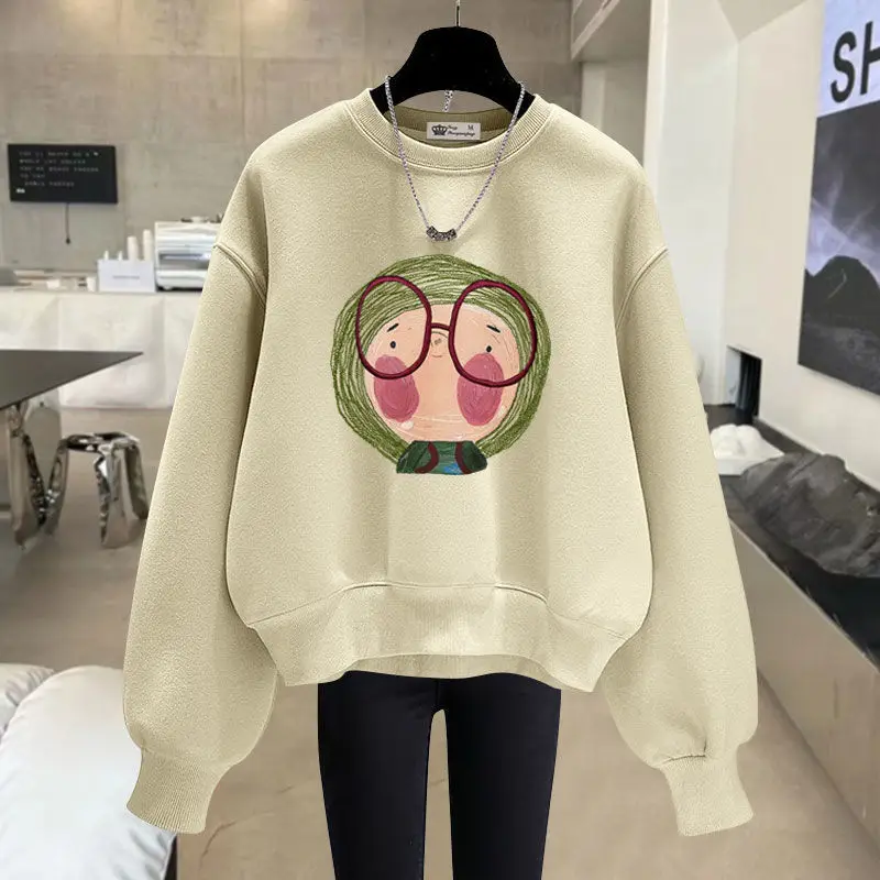 Women Clothing Fashion Cartoon Printed Hoodies Autumn Winter Vintage Pure Cotton Sweatshirts Loose Casual Pullovers