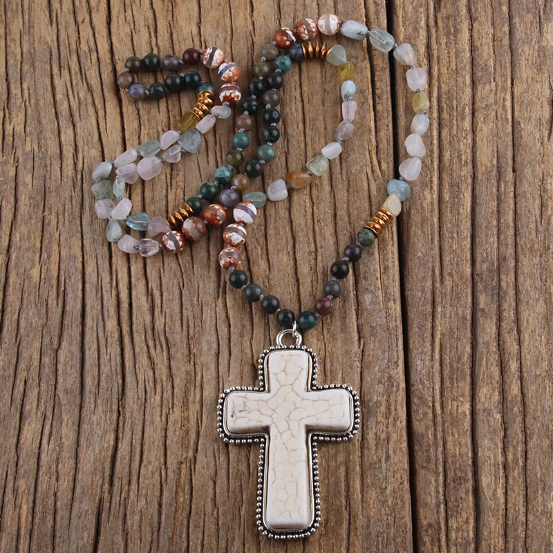 RH Fashion Jewelry Accessory 6mm Natural Stones Beads Knotted  Cross Charm Pendant Necklaces For Festival Gift Dropship