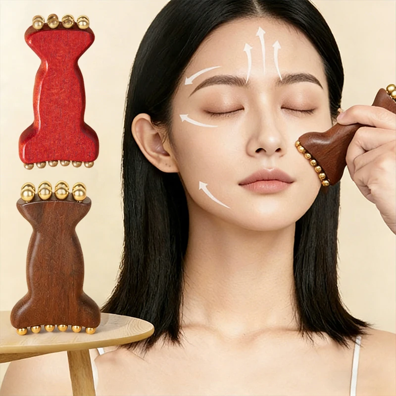 

【Wg】Facial Meridian Massager Gua Sha Roller Bead Fascia Lifting Tool Lymphatic Drainage Trigger Point Massage Roller Wood