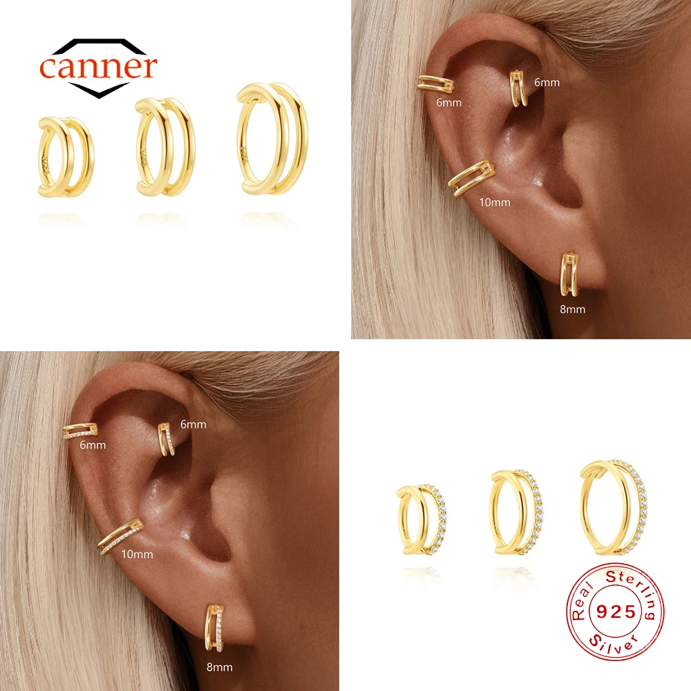 

CANNER 1PC 6/8/10mm Classic Double-layer CZ 925 Sterling Silver Ear Bone Clip Hoop For Women Ins Round Circle Piercing Earing