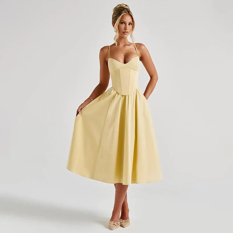 

MHOWaist Cinching Strap Dress Elegant Fashionable New European and American Style Slimming Mid-Length Dress
