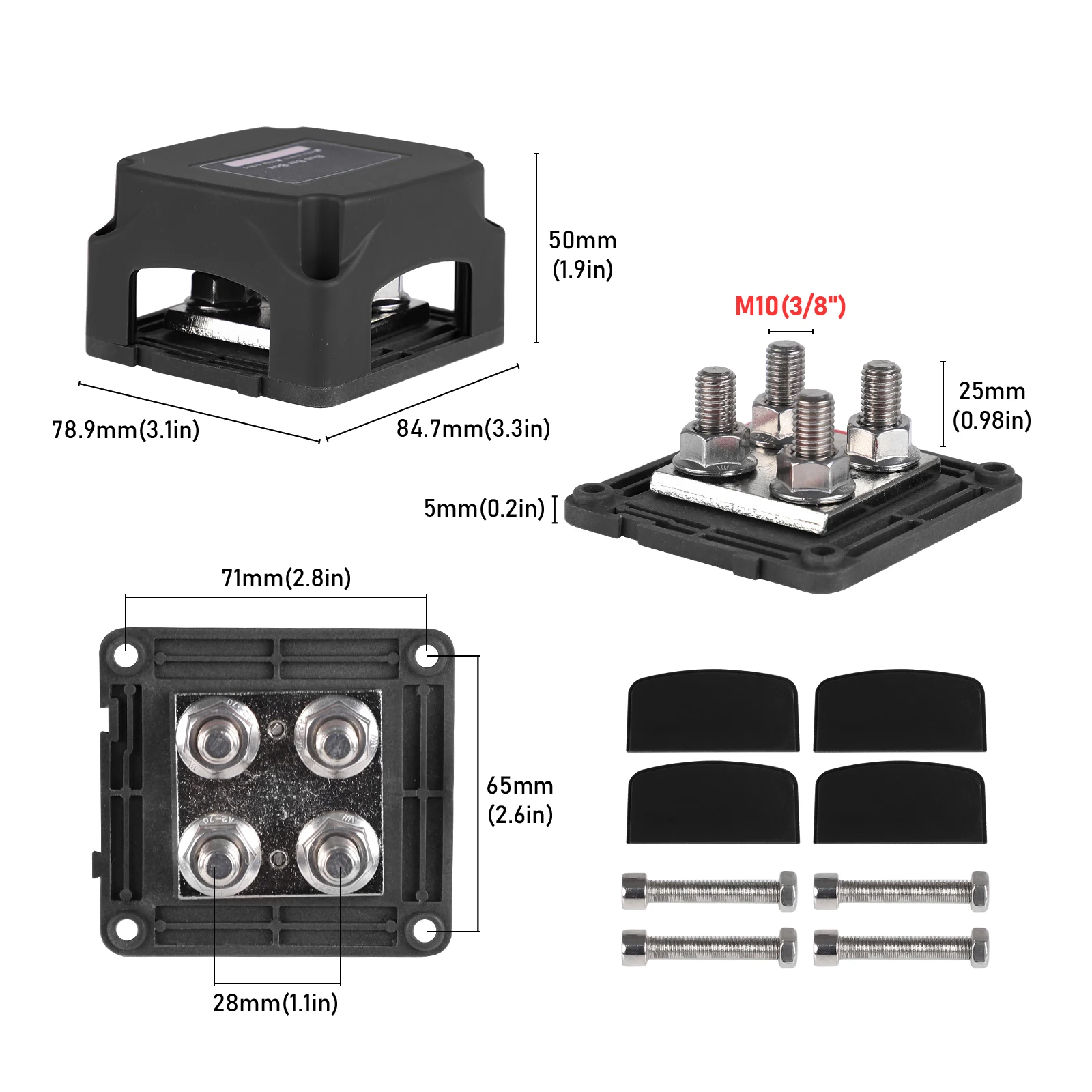 400A 4XM10 48V Bus Bar Terminal Studs Modular Design Tin Plated Copper Distribution Block  for Trailer Marine Boat RV