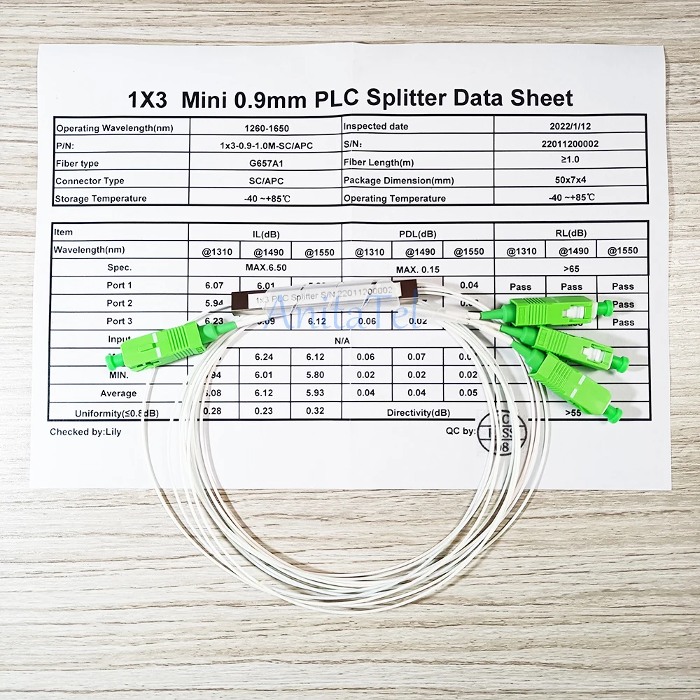  1x3/6/12 SM 0.9mm 1X3 1x6 1x12 Szkandium APC Izomrost Látási PLC splitter G657A1 PVC 1m SM FTTH Optikai PLC splitter SC/APC