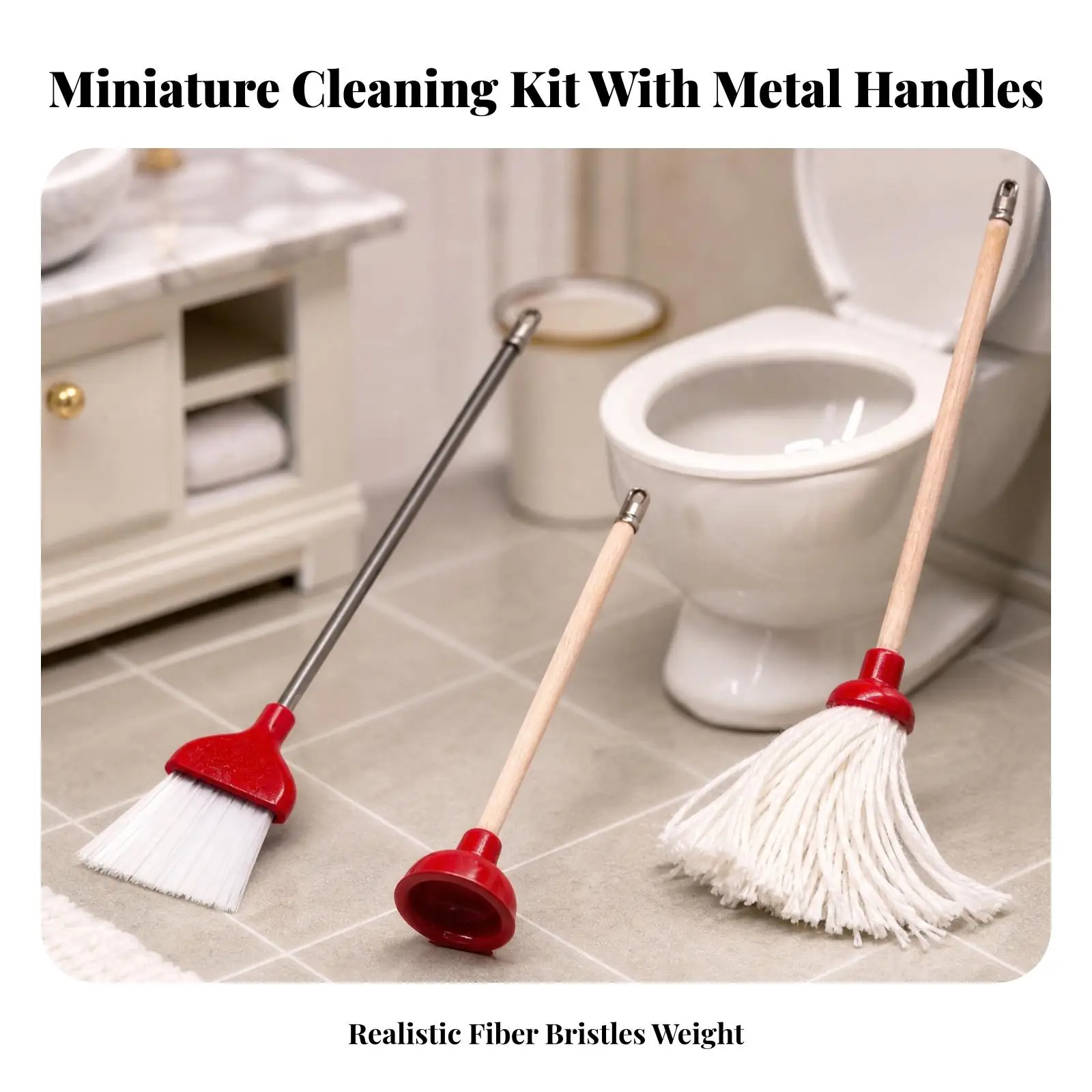 Small Bathroom Cleaner Dollhouse Props Miniature Broom Brush Plunger Kit for 1 12 Scale Diorama Craft Projects Gift