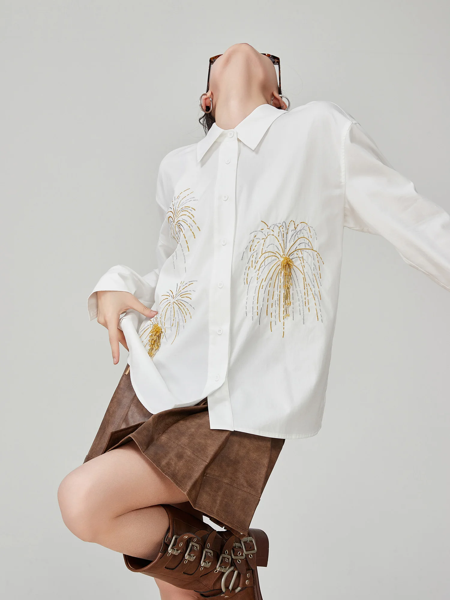 

Ele White Embroidered Long Sve irt Women's Loose Fit Spring 2026 New Sle Versatile Layering irt Collar