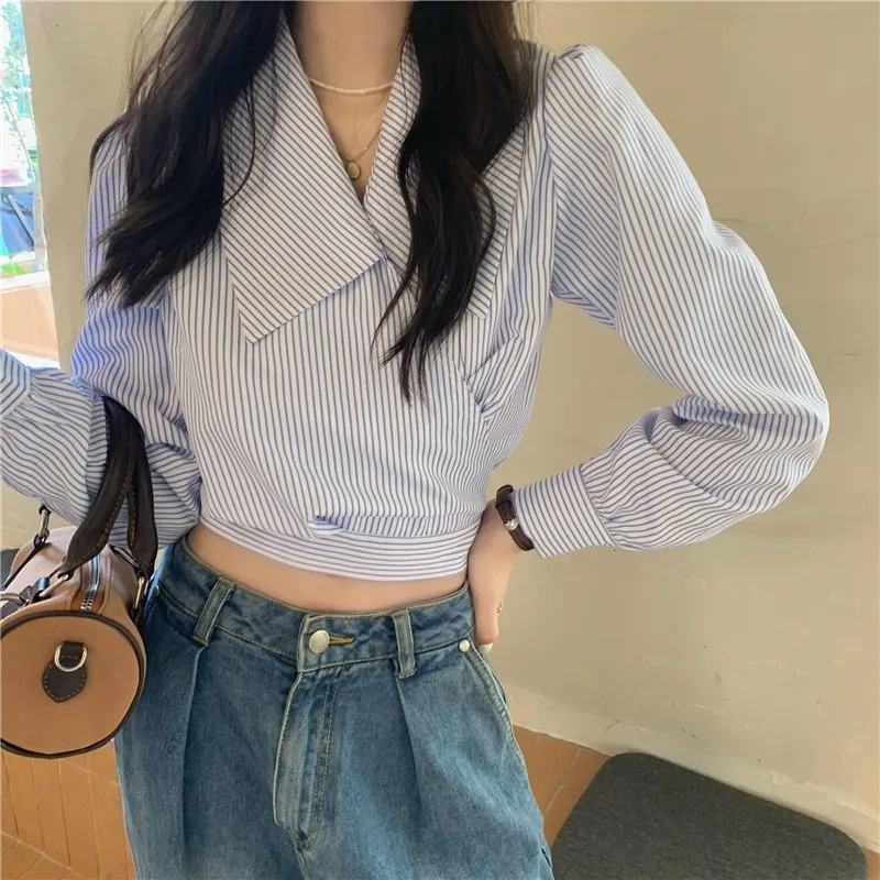 MiiiiX Koreaanse Office Lady Gestreept Casual Shirt Damesblouse Hoge taille Ontwerp Lace-up Crop Top 2024 Nieuwe Herfst Vrouwelijke Kleding