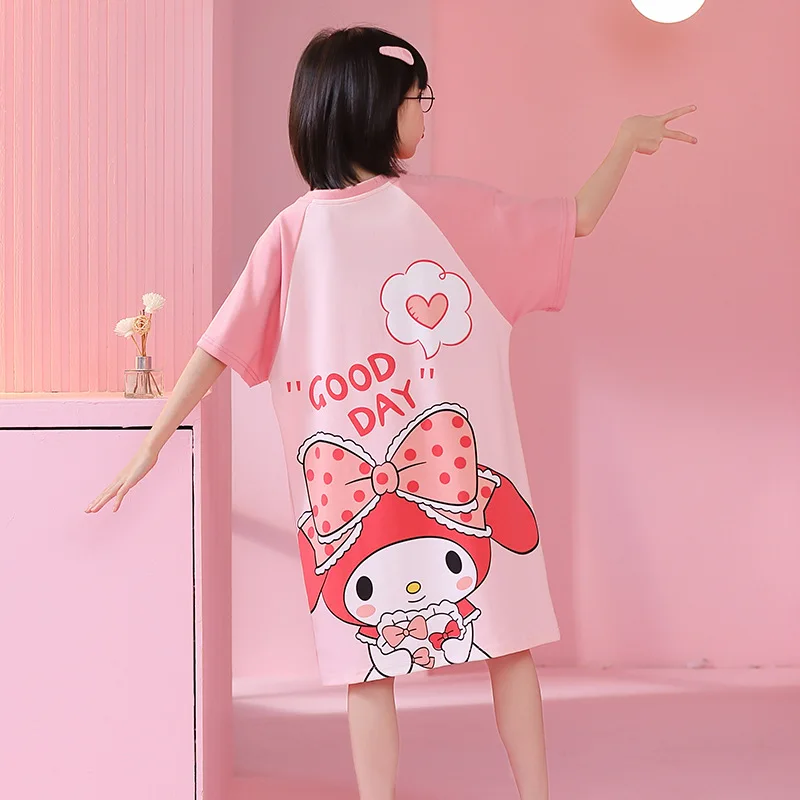 Sanrios Anime Cinna moroll Kuromi Cartoon süße Kinder Sommer Kurzarm Pyjama Rock Mädchen Baumwolle Home Kleidung Kleid Nachthemd