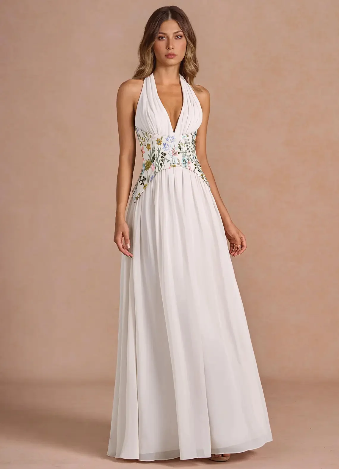 

Belle Fleur Dress Store Evening Dress Pleats Halter Customized Deep V Neck Flowers A-Line Celebrity Prom Wedding Party Gown