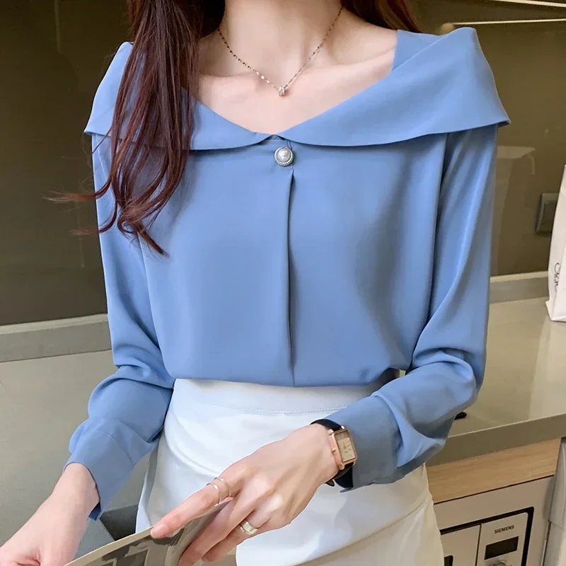 Autumn Women V-Neck White Chiffon Blouse Shirt Tops Long Sleeve Blouse Women Blusas Mujer De Moda 2024 Blouses Femme Shirts D620