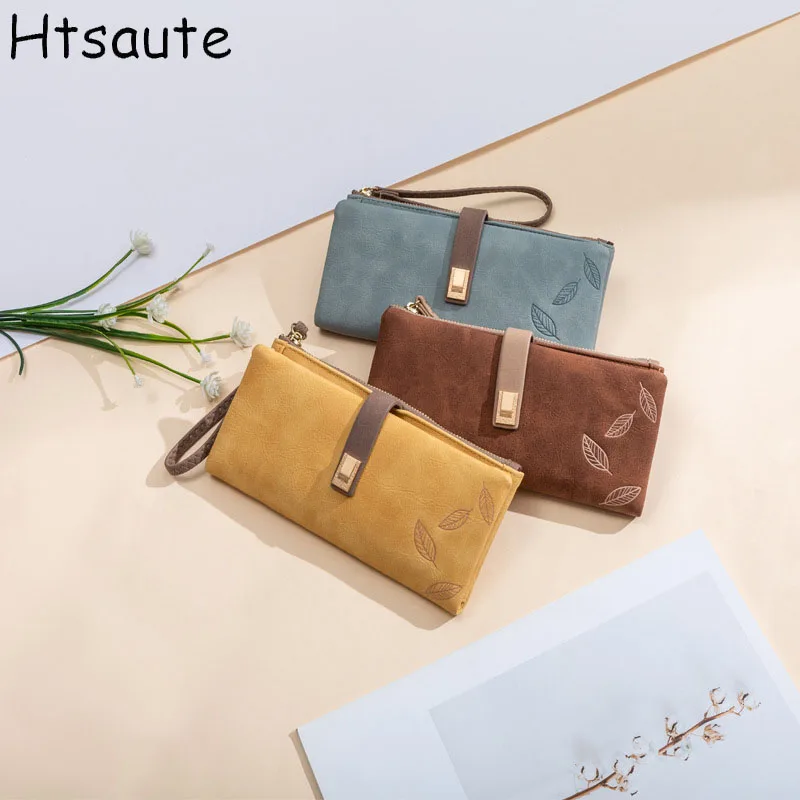 Ladies Long Wallets Fold-over Fashion Coin Purse with Phone Holder Button Clasp Bank Card & ID Card Storage Holder