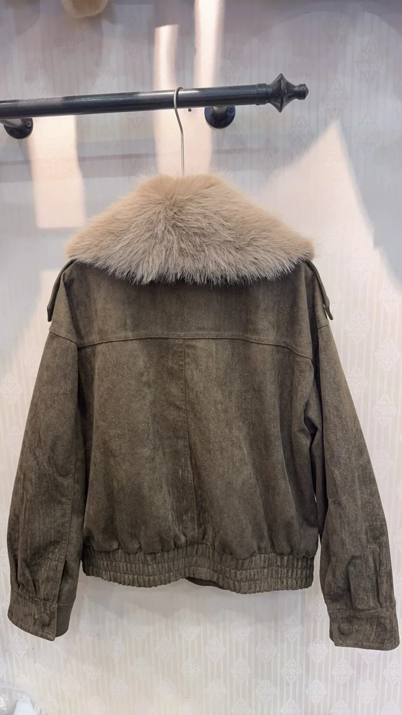 سترة نسائية شتوية جديدة ETJ 2025 قابلة للفصل من الجلد الصناعي مع ياقة كبيرة من الفرو وسترة فضفاضة من جلد الغزال