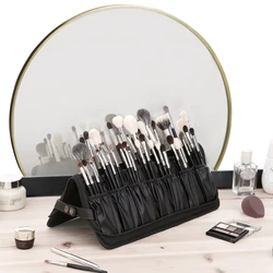 Rownyeon Professional Makeup Brushes Organizer Bag Makeup Artist Cosmetic Case Leather Makeup Handbag Black Travel Portable