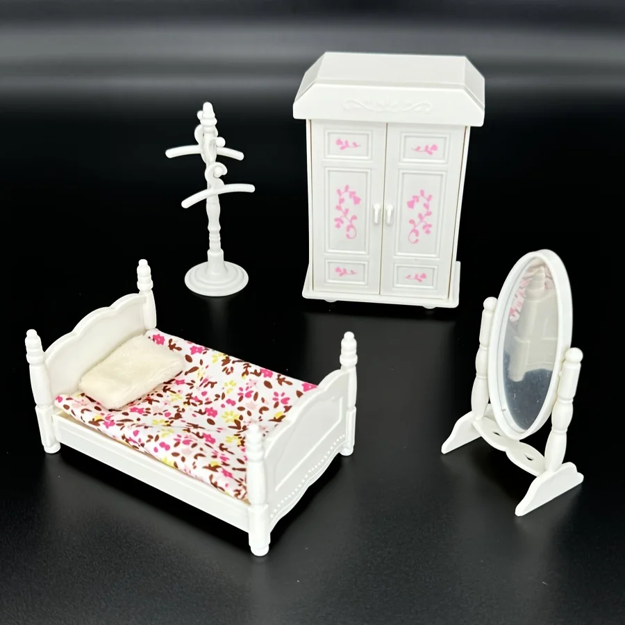 

1set Dollhouse Miniature Bedroom Model Set Bed ,standing Cabinet ,Mirrored Dressing Table ,Hanger Accessory Ornament Decor Set