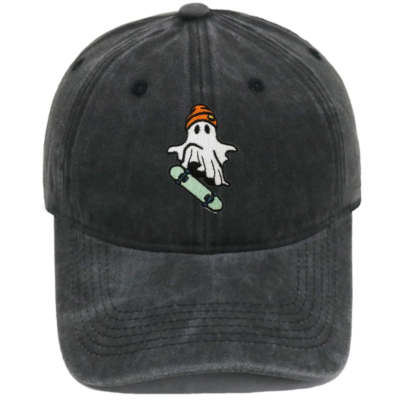 Vintage Washed Cool Skateboarding Ghost Embroidery Baseball Cap Unisex Adjustable Dad Hat Halloween Skater Casual Outdoor Hat