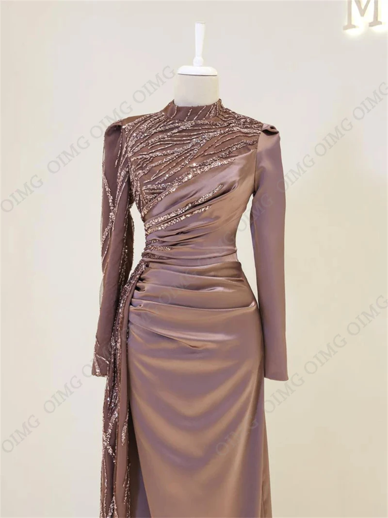 OIMG Modest Dubai Satin Prom Gowns Sequined Long Sleeves Evening Dresses Saudi Arabic Women Party Dresses Custom Occasion Dress