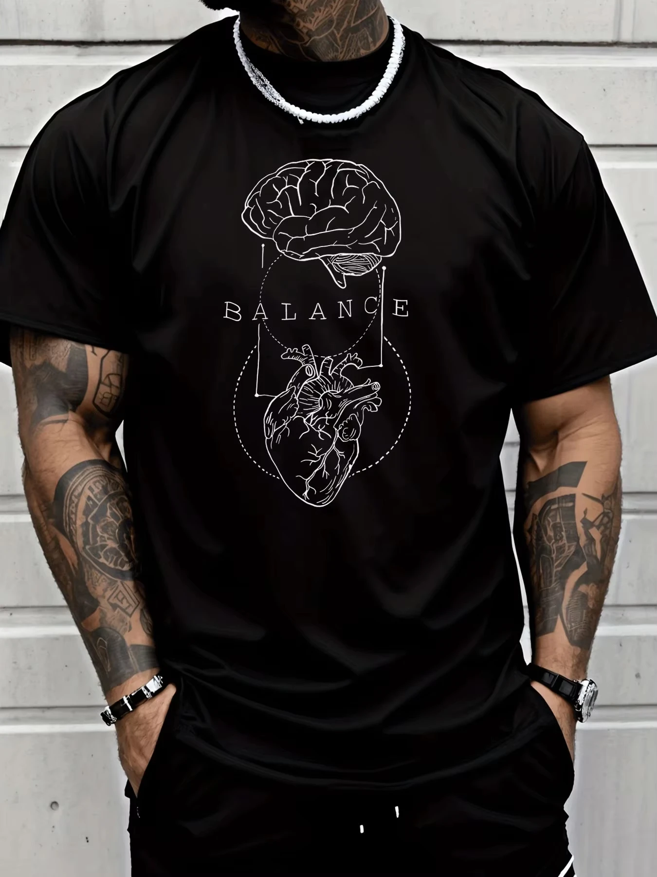 Men Summer Brain Heart Balance Pattern T-Shirt - Loose Fit - Suitable for Daily Wearing Pure Cotton Soft Material Fashion