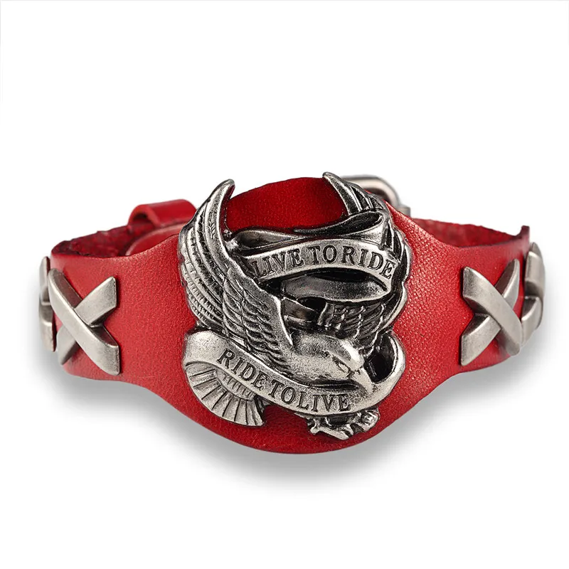 Punk Genuine Leather Ride to live Eagle Bracelets Men Retro Rock Wide Cuff Wristband Woman Biker Jewelry Male Motorcycle Gifts