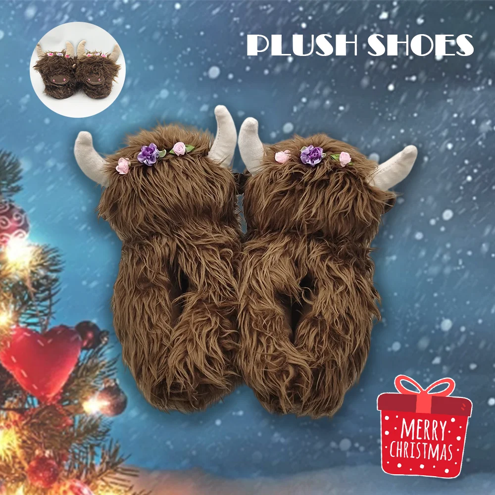 

Highland Cow Plush Shoes Cartoon Brown Cattle Plush Slippers Women Men Fluffy House Indoor Animals Shoe Christmas Birthday Gift